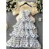 High end dress, long skirt, women's three-dimensional flower V-neck suspender, waist cinching multi-layer ruffle edge polka dot suspender dress