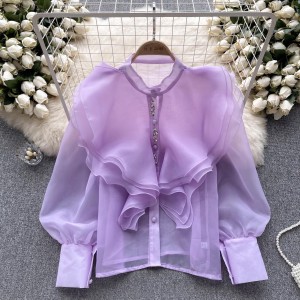Autumn new light luxury fairy wind lotus leaf edge long sleeved shirt with women's mesh design, high-end temperament and socialite top