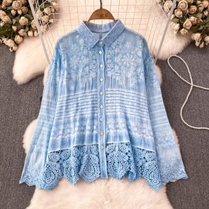 Fashionable socialite temperament long sleeved three-dimensional flower lapel single breasted lace patchwork shirt women's casual top autumn