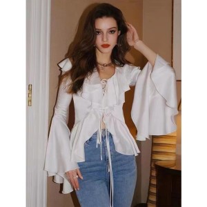 New gentle and stylish spring outfit from Dongdaemun, South Korea - V-neck ruffled lace up western-style versatile flared sleeve shirt