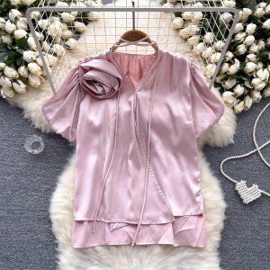 Socialite French high-end three-dimensional flower ribbon bubble sleeve shirt for women, niche chic versatile satin top trend