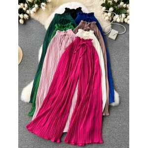 Summer wear high waisted strap versatile casual pants for women, slightly overweight and oversized to show off weight and cover the sagging sensation, wide leg pleated pants