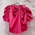 2024 Summer New Fashionable and Stylish Solid Color Versatile Folded Bow Split Bubble Sleeve Shirt Women's Top Trendy