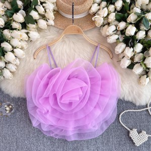 Summer outfit for women, sweet and spicy, traveling on the streets, camisole tank top, high-end feeling, organza flower strapless French top