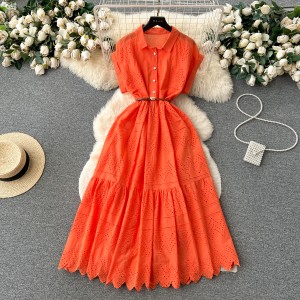 Small niche design, loose buckle, lace up long dress, women's summer waist cinched pleated shirt, collar patchwork long skirt