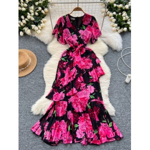 High end niche dress with women's summer design sense, waist cinching strap, V-neck short sleeved, ruffle edge printed fish tail long skirt