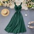 2020 new design sense careful machine V-neck backless retro solid color waist slimming long skirt women's dress