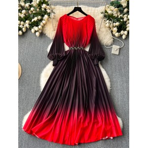 High end elegant dress for women 2024 new design sense, waist cinching and slimming temperament, gradient color pleated dress, long skirt