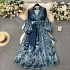 2024 early spring new French high-end one-piece lace up waist cinching printed dress for women, light luxury elegant long skirt