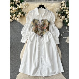 Early autumn light French court style bubble sleeve single breasted shirt dress+suspender printed vest two-piece set
