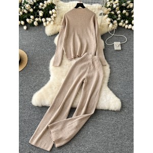 Korean version simple casual suit for women with lazy style autumn and winter high neck pullover knitted sweater+high waist wide leg pants