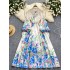 European and American retro court style printed dress, women's high-end sense, stand collar lantern sleeves, waist cinching, large swing long skirt