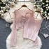 Pure Desire Style Two piece Women's Versatile Slim Fit Strap Top+Sweet Strap Long Sleeve Hollow Knitted Cardigan Top