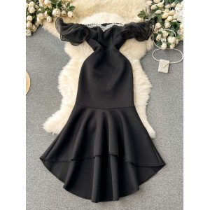 Palace style dress, high-end light luxury, niche nail bead strapless one shoulder dress, feminine slimming fish tail dress