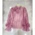 2024 European Station New Women's Bubble Sleeve Three Dimensional Flower Micro Transparent Shirt with French Solid Color Top Style