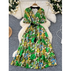 Light mature style western-style women's dress, summer new style, tied waist, V-neck short sleeved, temperament floral chiffon long skirt