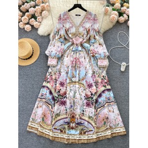 French court style retro printed temperament V-neck slim fit long bubble sleeve dress high-end niche dress