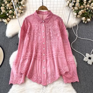 French retro style long sleeved lapel single breasted irregular lace shirt for women's casual drape loose top for spring