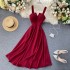 2020 new design sense careful machine V-neck backless retro solid color waist slimming long skirt women's dress