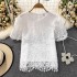 2024 Summer Retro Palace Style Bubble Short Sleeve Round Neck Hook Flower Hollow Loose Shirt Women's Western Style Top