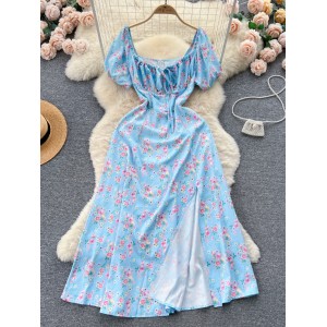 French style pure desire, high-end feeling, floral bubble sleeve dress, women's summer slimming temperament, super fairy forest style slit long skirt