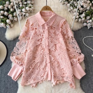 High end, light luxury temperament, collar slimming top design, niche single breasted hook flower hollow lace shirt for women