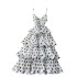 High end dress, long skirt, women's three-dimensional flower V-neck suspender, waist cinching multi-layer ruffle edge polka dot suspender dress