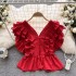 2022 summer new niche waist cinching slimming V-neck French shirt women's red pleated ruffle edge sleeveless top