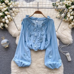 Korean style ins sweet and gentle three-dimensional flower tied lantern sleeve shirt for women in autumn, loose and slimming versatile top