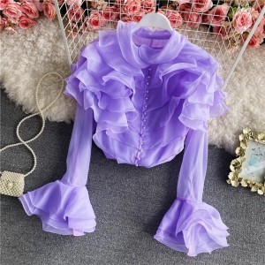 French court style super fairy layered ruffled organza shirt women's perspective western-style top with flared sleeves