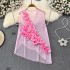 Internet celebrity's 2024 summer new item, niche socialite, three-dimensional flower design, mesh transparent V-neck vest