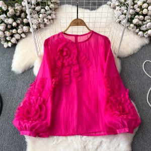 French style new wood ear edge three-dimensional plate flower lantern sleeve slimming temperament solid color pullover women's top