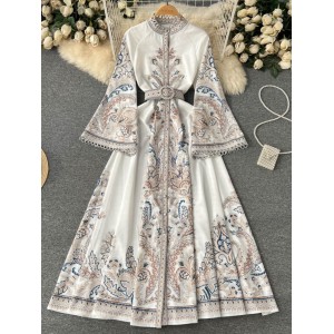 Spring new retro printed round neck flared sleeve dress for women's singles with large buttons and irregular pleated long skirt