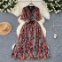 Light mature style western-style women's dress, summer new style, tied waist, V-neck short sleeved, temperament floral chiffon long skirt