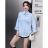 French style niche heavy industry diamond studded pointed neck bubble sleeve shirt for women in autumn 2024, spliced casual plus size western-style top