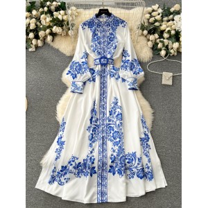 Artistic retro elegant printed dress for women 2023 new French court style waist cinched single breasted socialite long dress