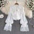 French retro style loose lace patchwork flared sleeves bow tie tied shirt women's western-style top