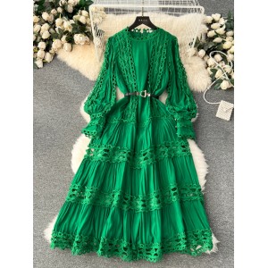 Palace style dress, spring attire, women's heavy industry, hollowed out lace splicing, slim fit, long French style bubble sleeves, high-end dress