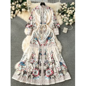 European court style dress with design sense, printed buckle slim fit, long ruffle edge skirt, spring style dress with temperament