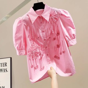 Heavy industry handmade three-dimensional tassel splicing single breasted bubble sleeve short sleeved shirt with fashionable design and temperament, trendy top