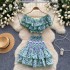 Hollow embroidery two-piece set of female sexy one shoulder lotus leaf edge waist exposed top+high waist fluffy skirt