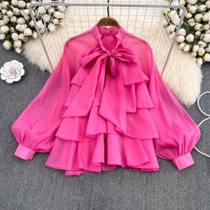 New style of temperament, fashionable design, heavy layers of ruffled edges, elegant fairy atmosphere, chiffon shirt, women's bow tie