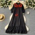 Artistic retro stand up collar tied lantern sleeve dress for women, loose and slimming, A-line concealing flesh, big swing ruffle edge long skirt