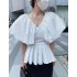 2024 summer new style versatile design shirt V-neck French slimming bubble sleeve top for women