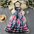 European and American vacation printed dress, women's summer design, wave edge splicing, waist cinching, slimming effect, large swing suspender long skirt