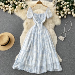 French floral dress for summer 2022 new style square neck retro niche fairy waist cinching stem orange first love dress