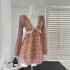 Kubiliv French Sweetheart Color Contrasting Lace Lace Splicing Bubble Sleeve Dress, Bareback Floral Dress