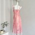 Acaine Pink Long Chiffon Printed V-neck Waist Strap A-line Dress Women's Summer French Style Dress