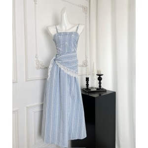 Blue plaid lace slimming and high-end feeling, detachable suspender, strapless long skirt for women
