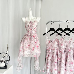 JustQin Cupid's Love Letter Summer New Floral Strap Skirt High Waist Small Fresh Dress for Women